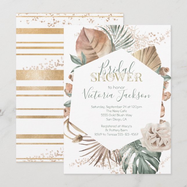 Invitation Fête des mariées Tropical Oasis Palm Leaf Gold (Devant / Derrière)