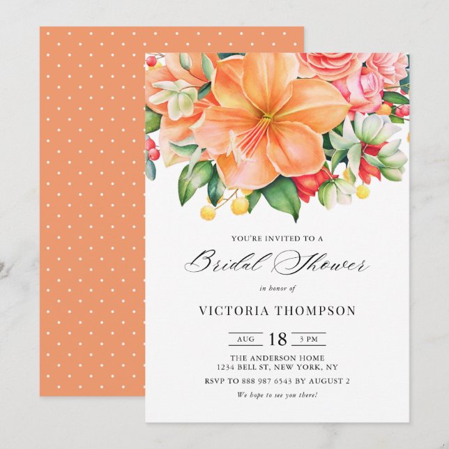 Invitation Fête des mariées Tropical Orange Hibiscus Succulen (Devant / Derrière)