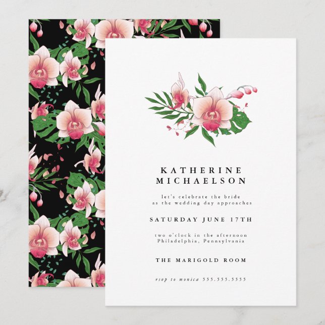 Invitation FÊTE DES MARIÉES | Tropical Pink Orchid Floral (Devant / Derrière)