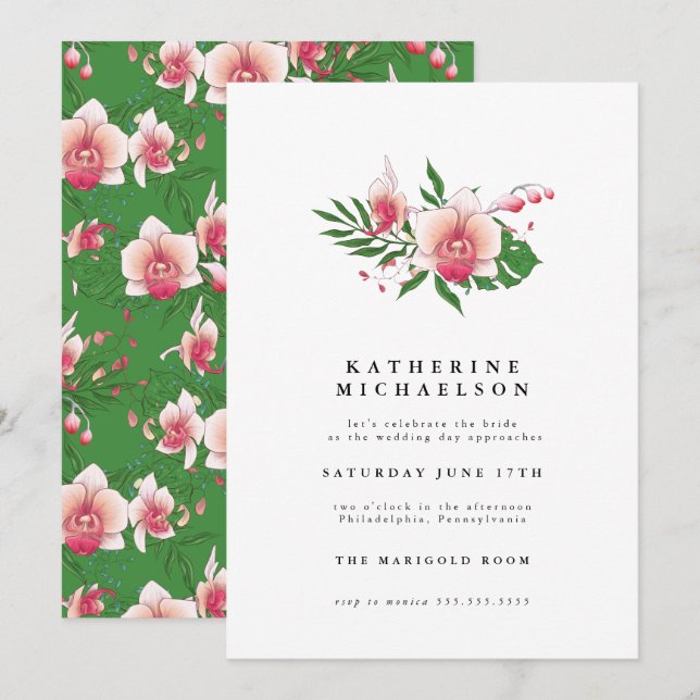 Invitation FÊTE DES MARIÉES | Tropical Pink Orchid Floral (Devant / Derrière)