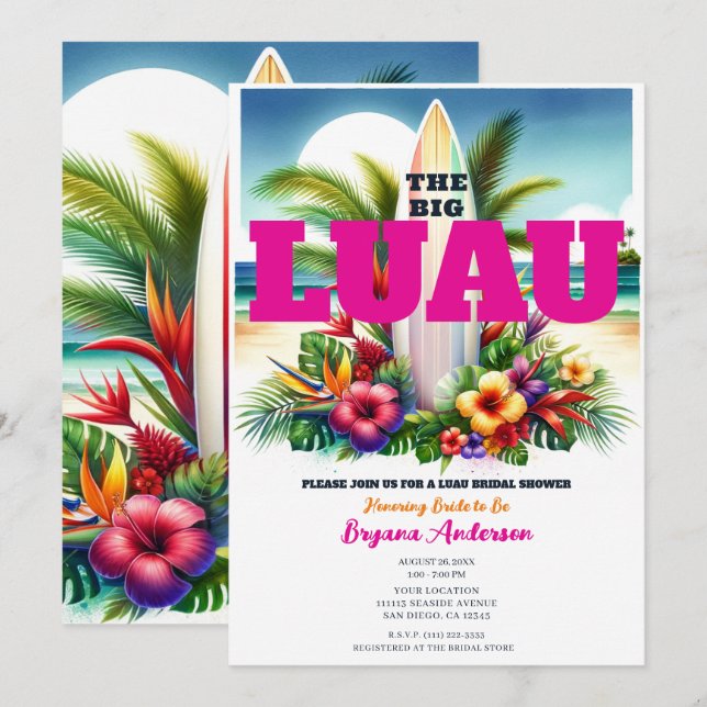 Invitation Fête des mariées Tropical Surboard Pool Party Luau (Devant / Derrière)
