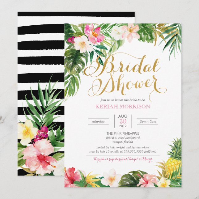 Invitation Fête des mariées tropicale à la florale ou à Luau (Devant / Derrière)