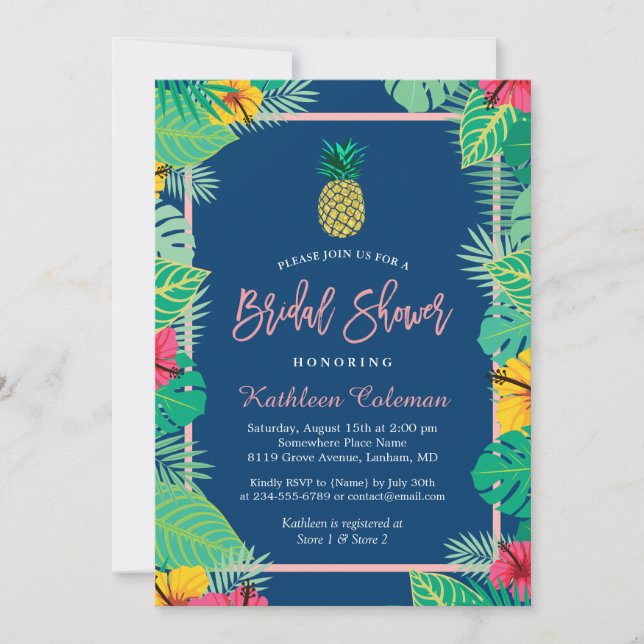 Invitation Fête des mariées tropicale | Marine Blue Gold Anan (Devant)