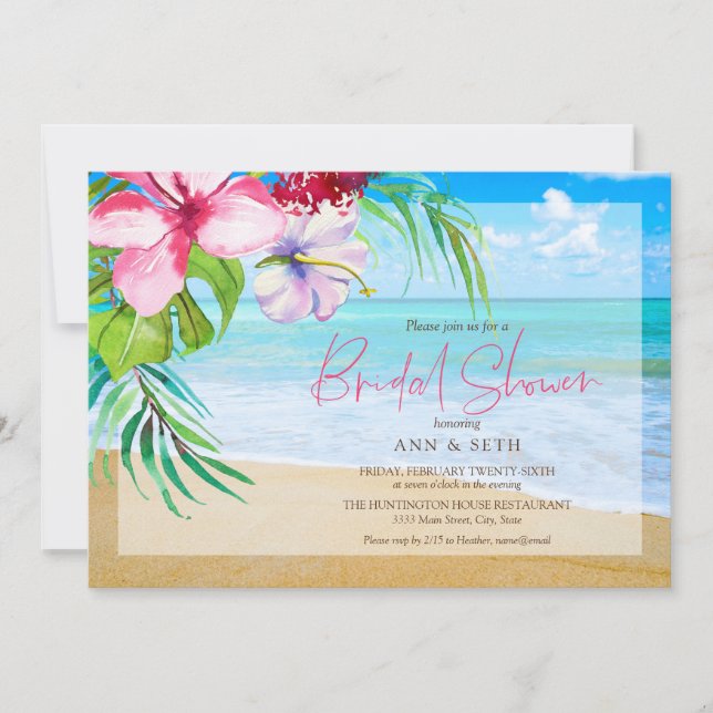 Invitation Fête des mariées tropicale Plage florale (Devant)