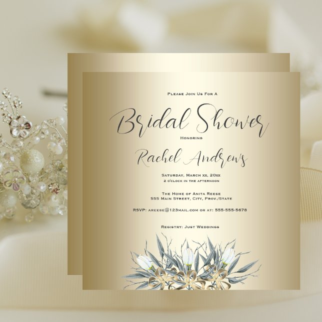 Invitation Fête des mariées, Tulipes blanches, Or (Bridal Shower, White Tulips, Gold Invitation)