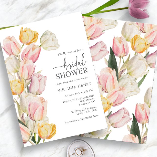 Invitation Fête des mariées Tulipes Jaunes Rose (Watercolor Pink Yellow Tulips Bridal Shower Invitation by Painted Paperie
)