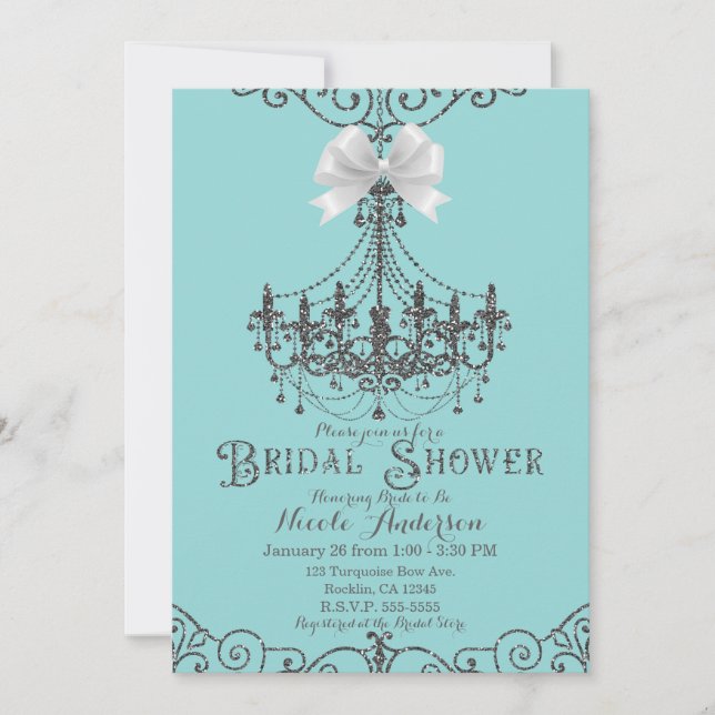 Invitation Fête des mariées Turquoise & Argent White Bow (Devant)