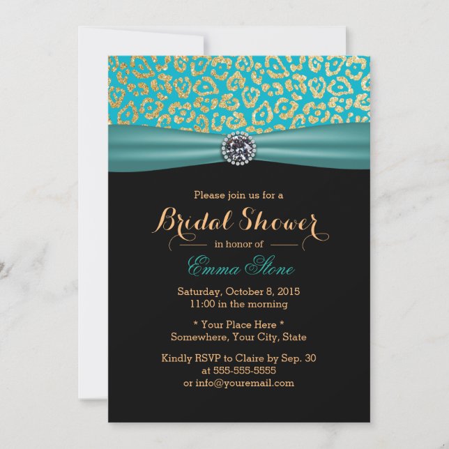 Invitation Fête des mariées Turquoise et Empreinte de léopard (Devant)