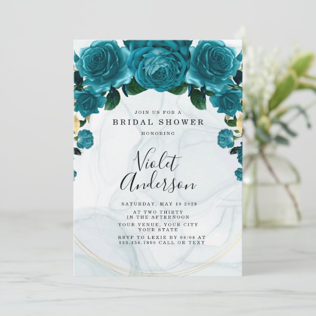 Invitation Fête des mariées Turquoise et Gold Peony chic (Debout devant)