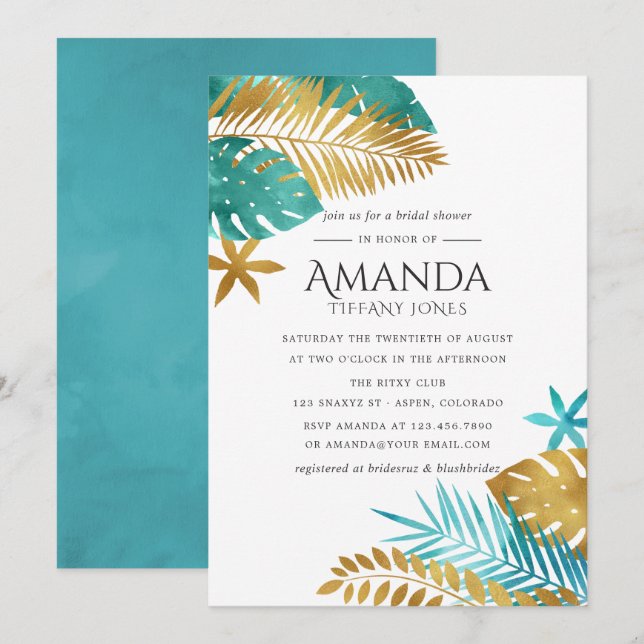 Invitation Fête des mariées turquoise et Gold Tropical (Devant / Derrière)