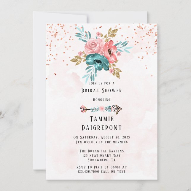 Invitation Fête des mariées turquoise et rose de pivoine (Devant)