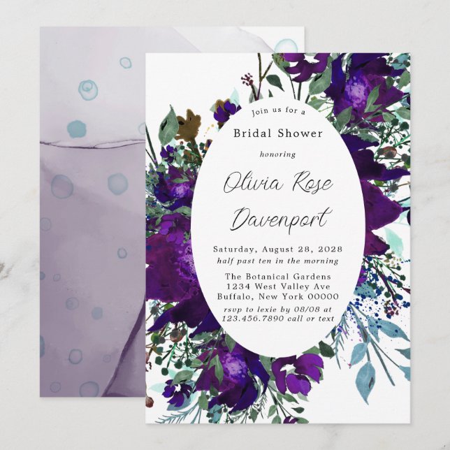 Invitation Fête des mariées végétale Turquoise et violette (Devant / Derrière)