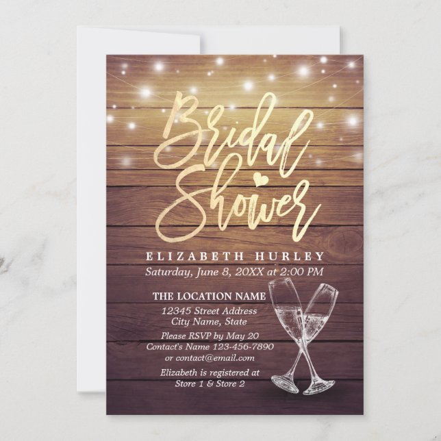 Invitation Fête des mariées Verres Champagne Lumières à corde (Devant)