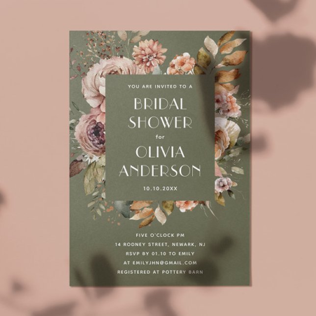 Invitation Fête des mariées verte à l'olive | Boho Woodland (Créateur téléchargé)