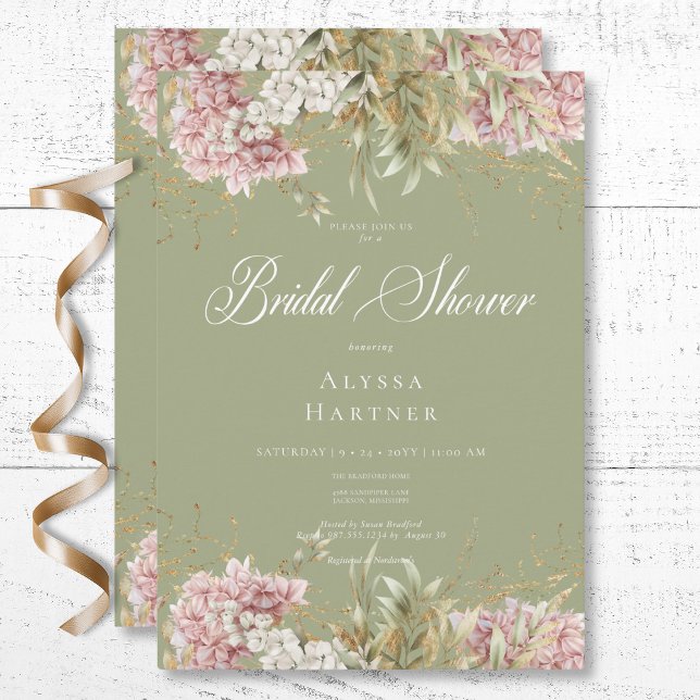 Invitation Fête des mariées verte Rustique blanche et rose Hy (Rustic White & Pink Hydrangea Green Bridal Shower Invitation)
