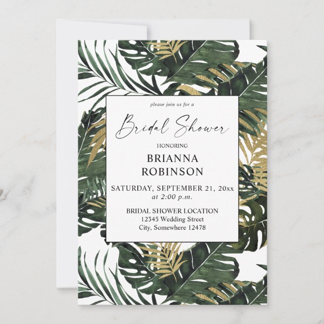Invitation Fête des mariées verte Tropical Palm Leaf & Gold (Devant)