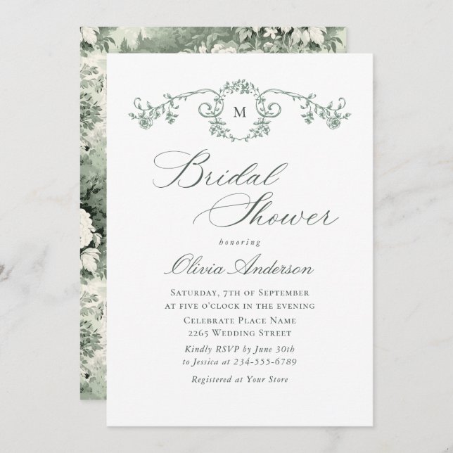 Invitation Fête des mariées verte Victorian Ornate Grace Sage (Devant / Derrière)