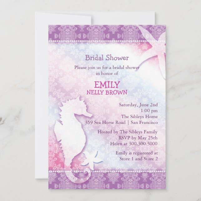 Invitation Fête des mariées violet de l'hippocampe de plage (Devant)