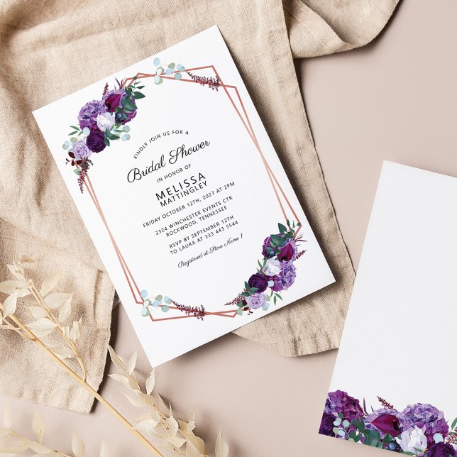 Invitation Fête des mariées violet Floral Rose or géométrique (Créateur téléchargé)