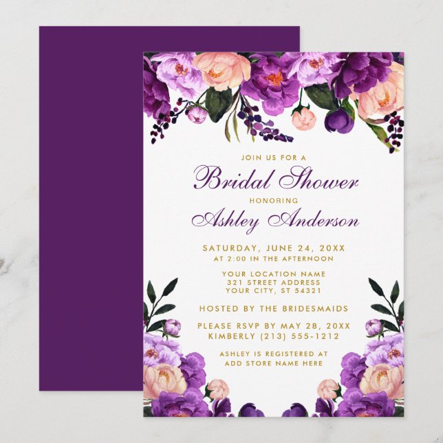 Invitation Fête des mariées violet violet Floral or Invitatio (Devant / Derrière)