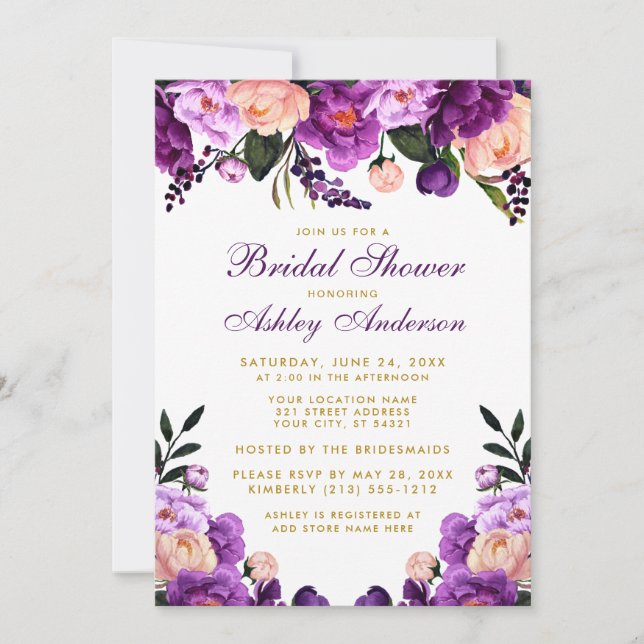 Invitation Fête des mariées violet violet Floral or Invitatio (Devant)
