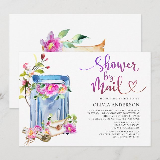 Invitation Fête des mariées virtuelle aquarelle par courrier (Devant / Derrière)