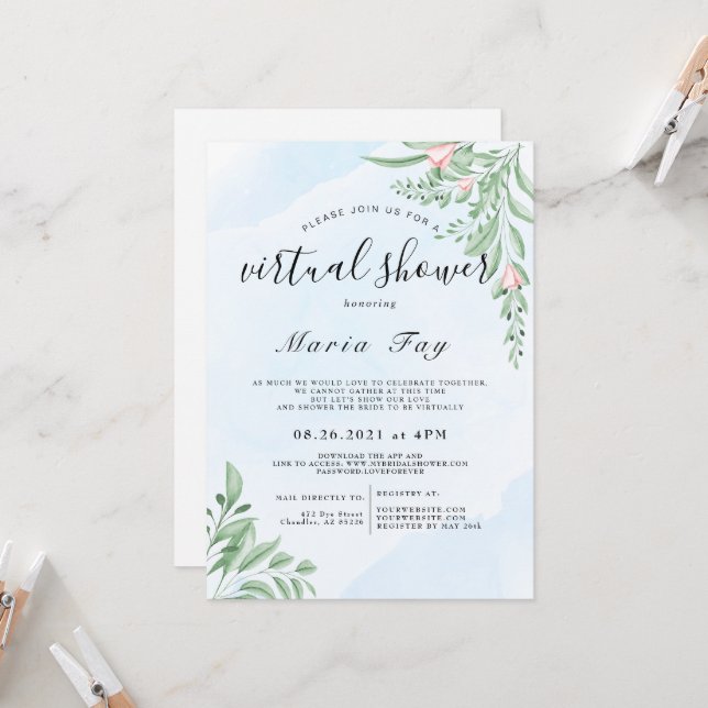 Invitation Fête des mariées virtuelle Boho Dusty Blue Eucalyp (Devant/Arrière en situation)