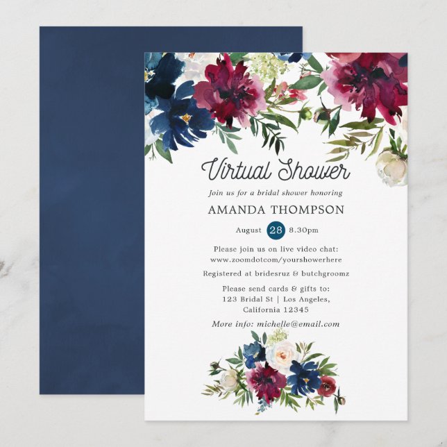 Invitation Fête des mariées virtuelle Bordo et Navy Watercolo (Devant / Derrière)