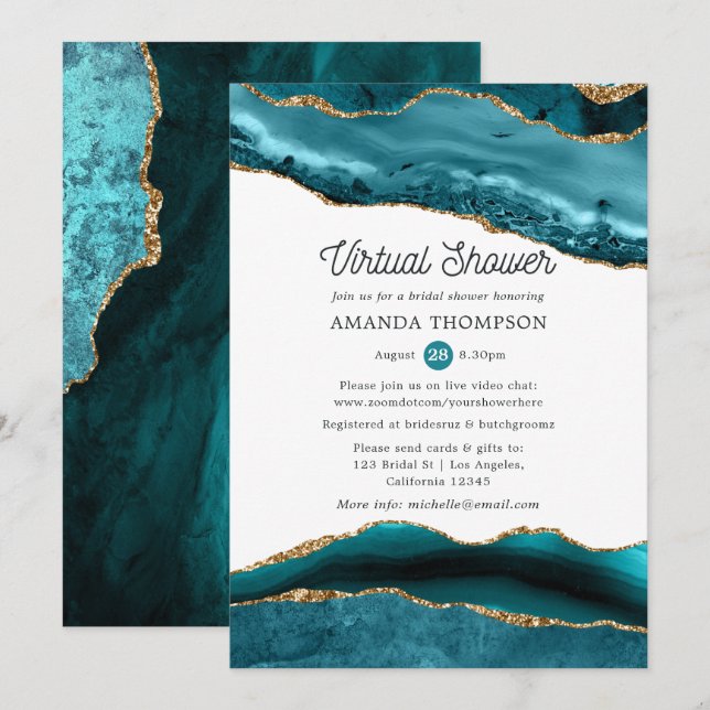 Invitation Fête des mariées virtuelle de Agate Turquoise et G (Devant / Derrière)
