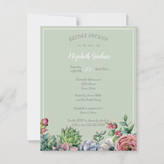 Invitation Fête des mariées Watercolo rose bleu vert Succulen (Devant)