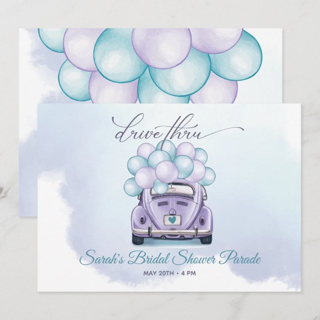 Invitation Fête des mariées Watercolor Aqua et Lilac DriveThr (Devant / Derrière)