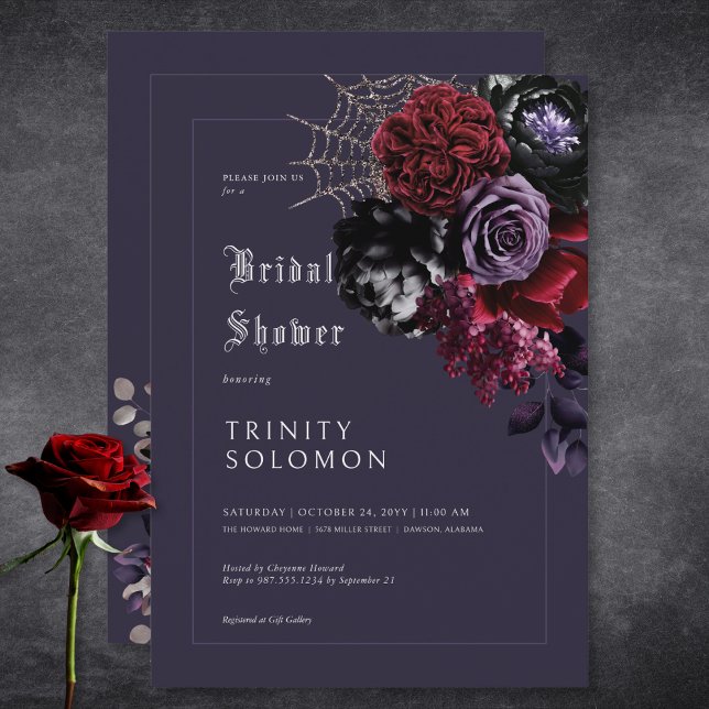 Invitation Fête des mariées Web couleur violet foncé et argen (Dark Purple Floral & Silver Web Bridal Shower Invitation)