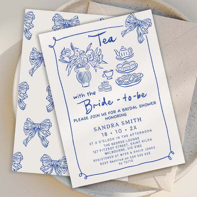 Invitation Fête des mariées Whimsical Blue Main Draa Tea Part (Hand Drawn Bridal Tea Invitation, Tea with the Bride to Be Invitation, Whimsical Tea Bridal Shower )