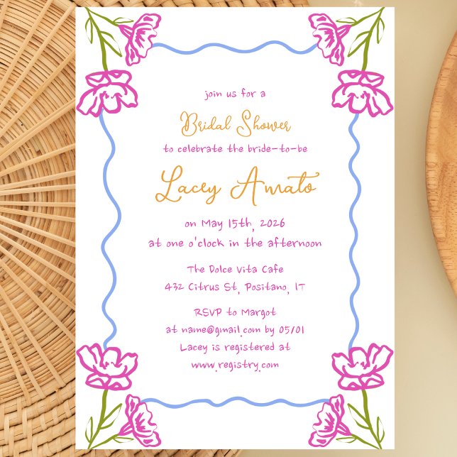 Invitation Fête des mariées Whimsical dessinée à la main médi (Bougainvillea blooms & citrus vibes make this chic bridal shower invitation a Mediterranean dream!)