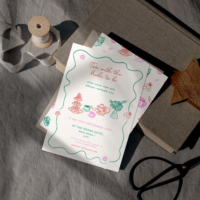 Invitation Fête des mariées Whimsical Hand Drake Tea Party (hand drawn bridal shower tea party invitation with hand written font resting on a book.)