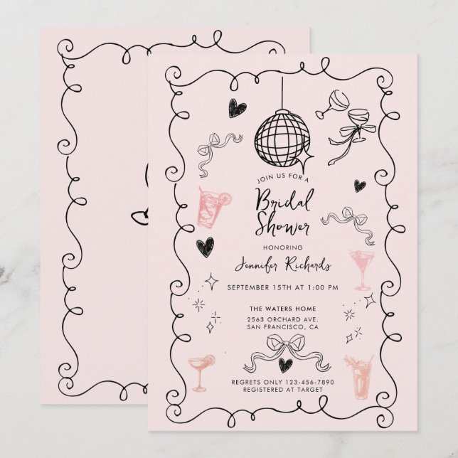 Invitation Fête des mariées Whimsical illustrée (Devant / Derrière)