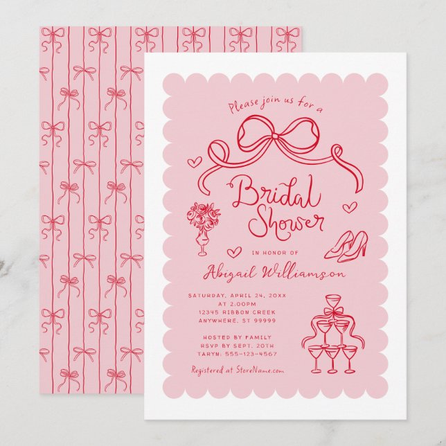Invitation Fête des mariées Whimsical rouge rose (Devant / Derrière)