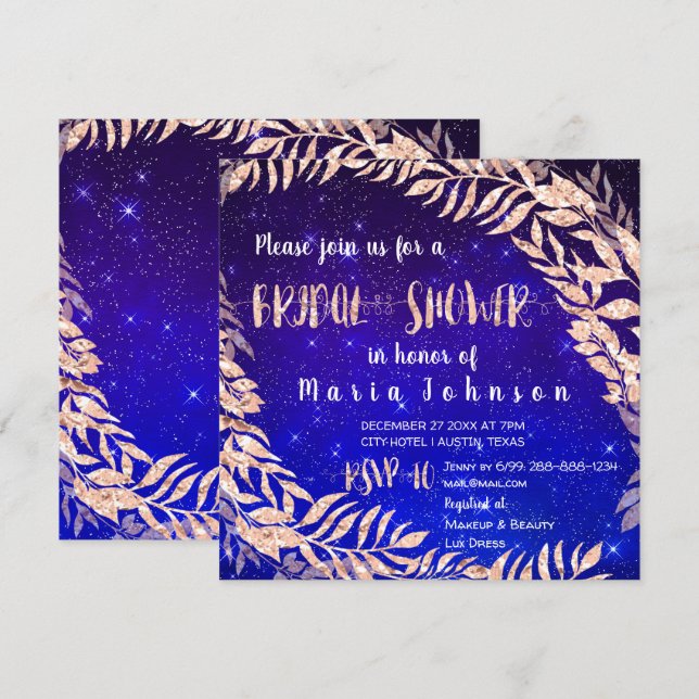 Invitation Fête des mariées Wreath Rose Gold Sky Stars Indigo (Devant / Derrière)