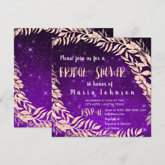 Invitation Fête des mariées Wreath Rose Gold Sky Stars violet (Devant / Derrière)