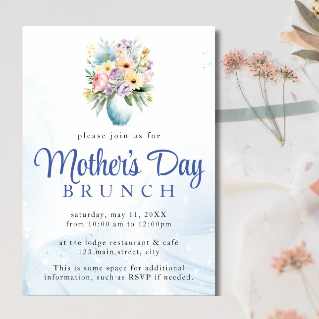 Invitation Fête des Mères Aquarelle Bleue Brunch Floral (Créateur téléchargé)
