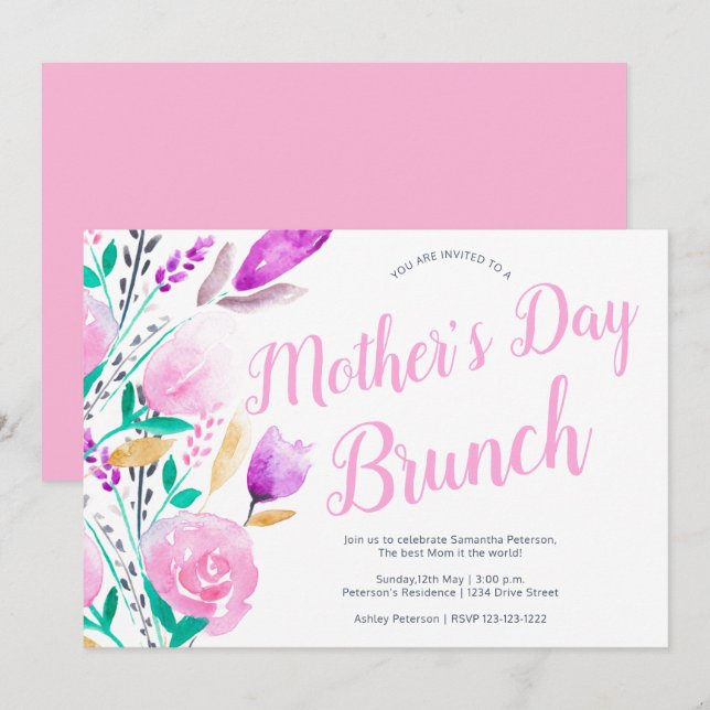 Invitation Fête des mères brunch à l'aquarelle florale rose (Devant / Derrière)