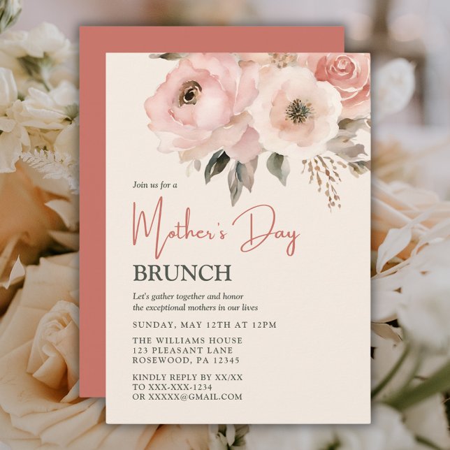 Invitation Fête des mères Brunch Aquarelle rose Floral (Créateur téléchargé)