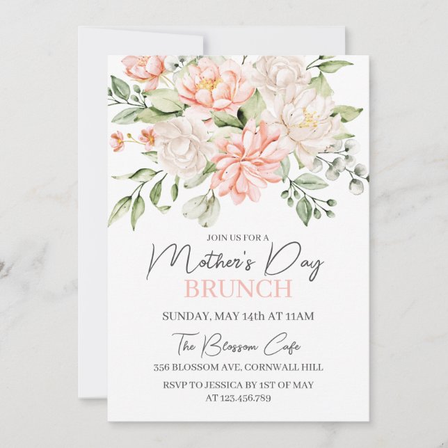 Invitation Fête des mères Brunch Aquarelle rose Floral (Devant)