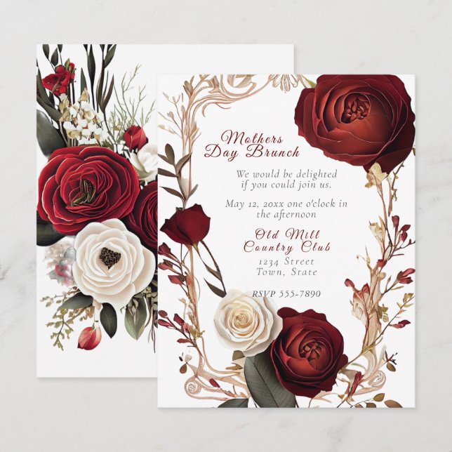 Invitation Fête des Mères Brunch Élégant Rouge Blanc Roses (Devant / Derrière)