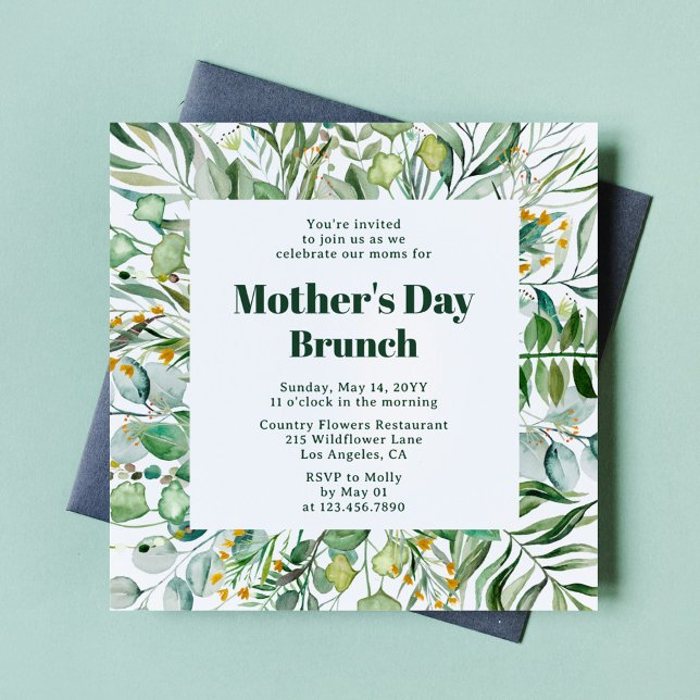 Invitation Fête des mères Brunch Elégante aquarelle botanique (Créateur téléchargé)