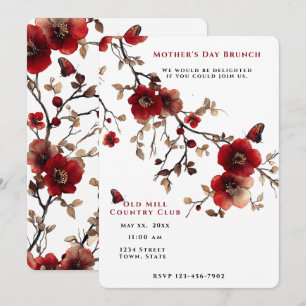 Invitation Fête des mères Brunch Fleurs rouges Papillons