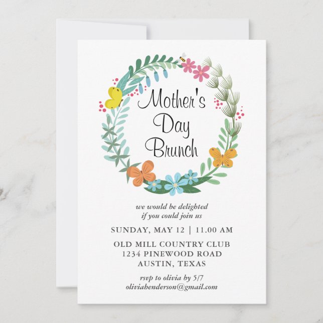 Invitation Fête des mères Brunch Floral Garland Wreath (Devant)
