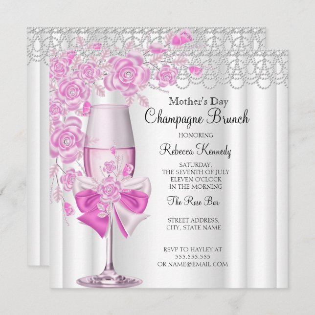 Invitation Fête des Mères Champagne Rose Pretty Brunch 2a (Devant / Derrière)