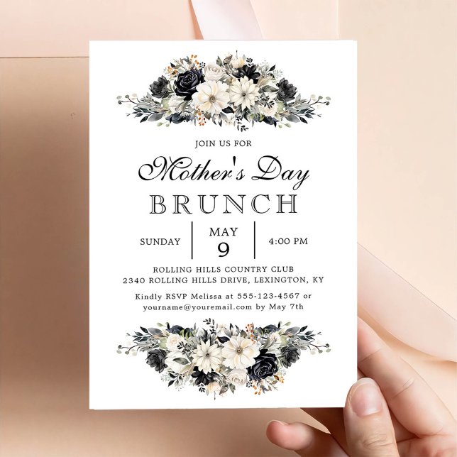 Invitation Fête des mères de la florale noire Fête du Brunch  (Créateur téléchargé)