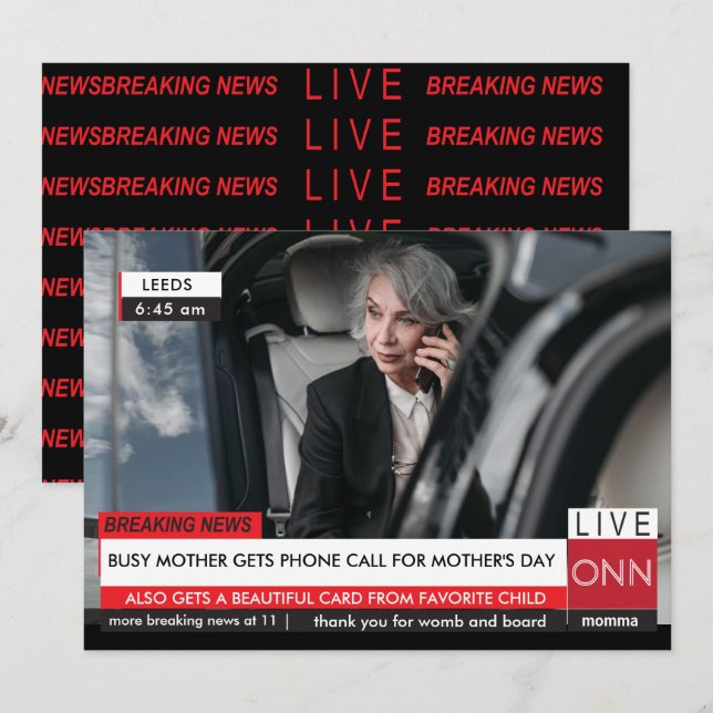 Invitation Fête des mères drôle Breaking TV News Spectaculair (Devant / Derrière)